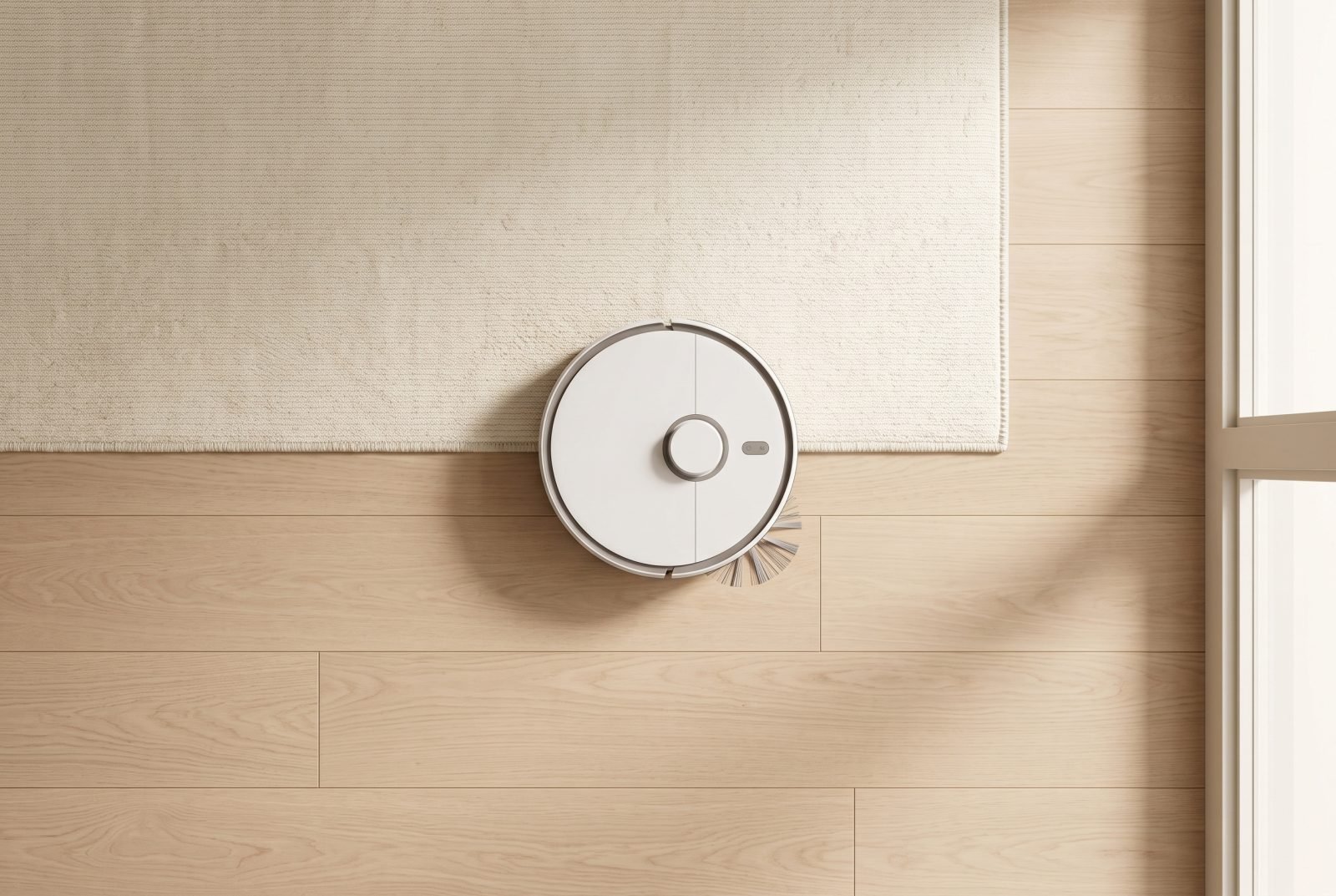 Le robot vu de dessus sur un parquet de chêne clair, à la lisière du tapis.