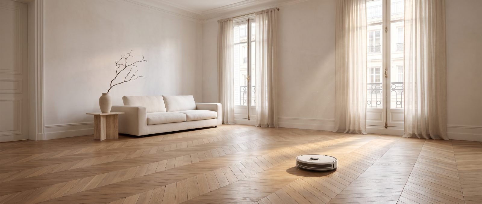 Un grand salon clair, parquet en point de Hongrie, le robot au loin près de la fenêtre.